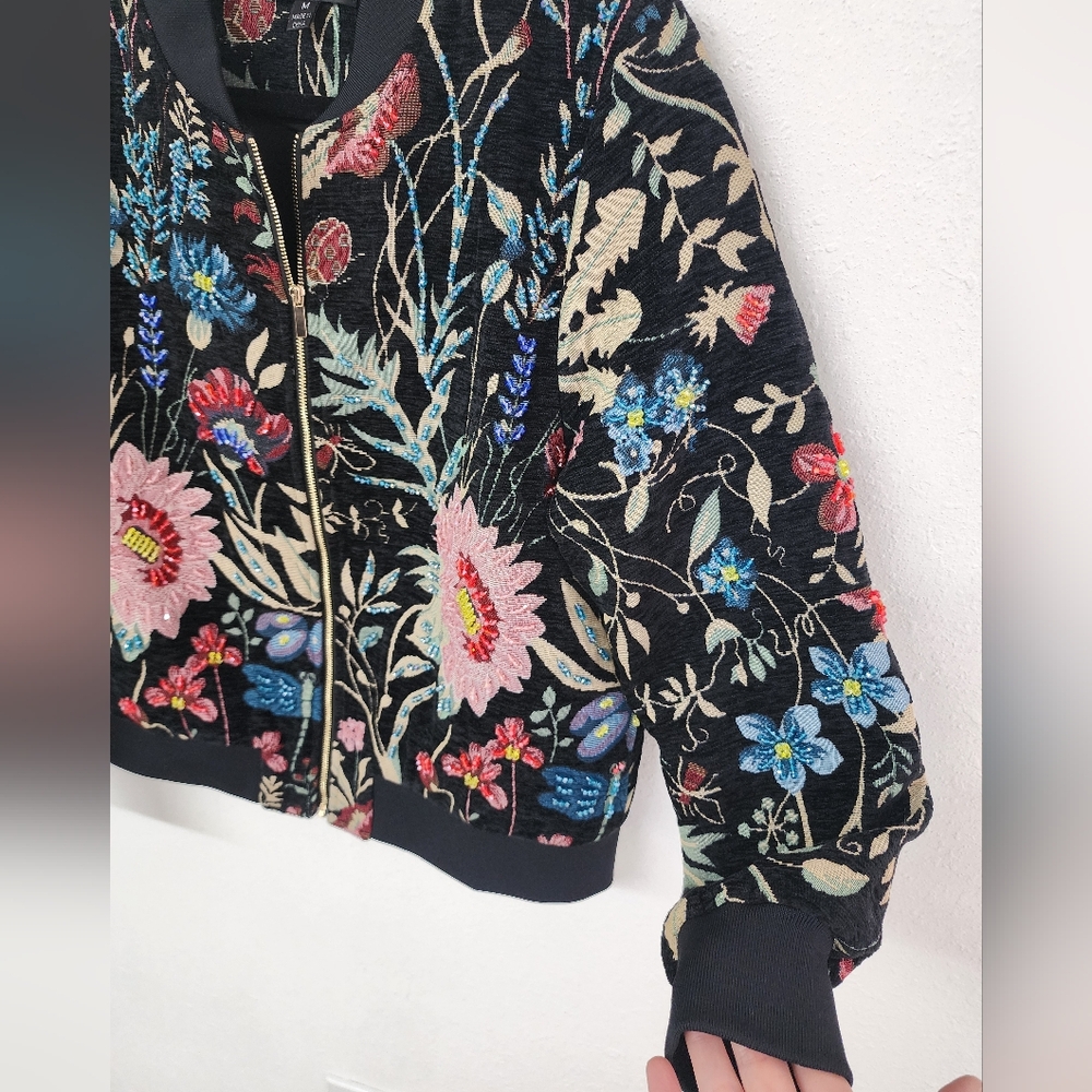 A.Z.I New York Desiree Black Floral Embroidered Beaded Bomber Jacket Sz Medium - Picture 7 of 9